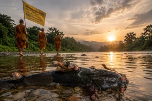 Monks walk along the Kok river